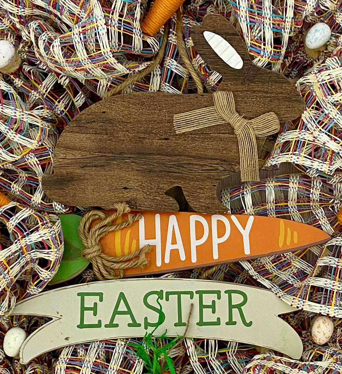 Rustic Bunny Patch Wreath – 29” Easter Plaid & Carrot Charm