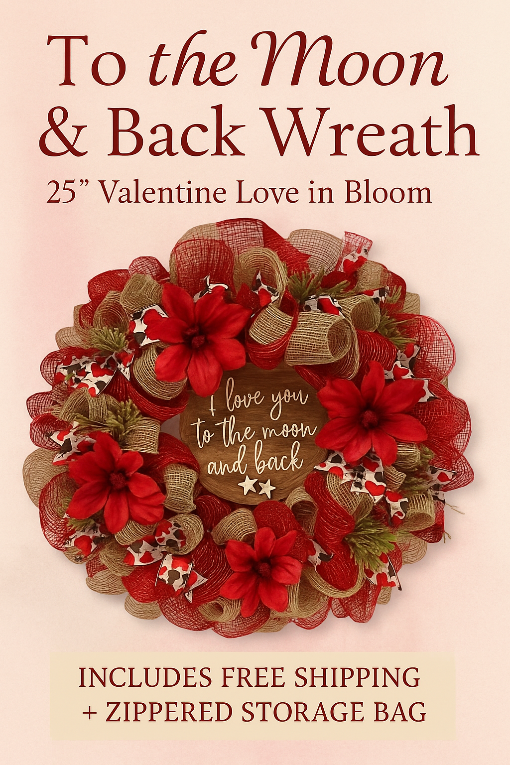To the Moon & Back Wreath – 25” Valentine’s Love in Bloom