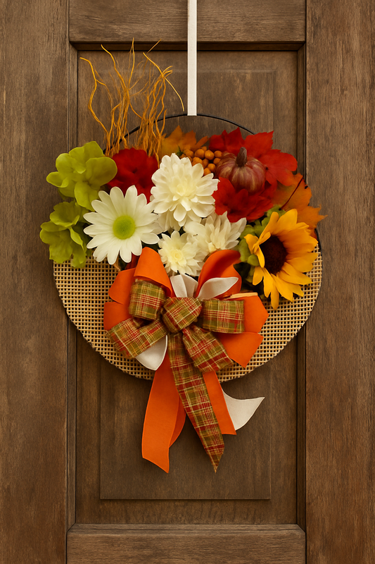 Harvest Whimsy Wreath – 14” Autumn Charm with Plaid & Petals