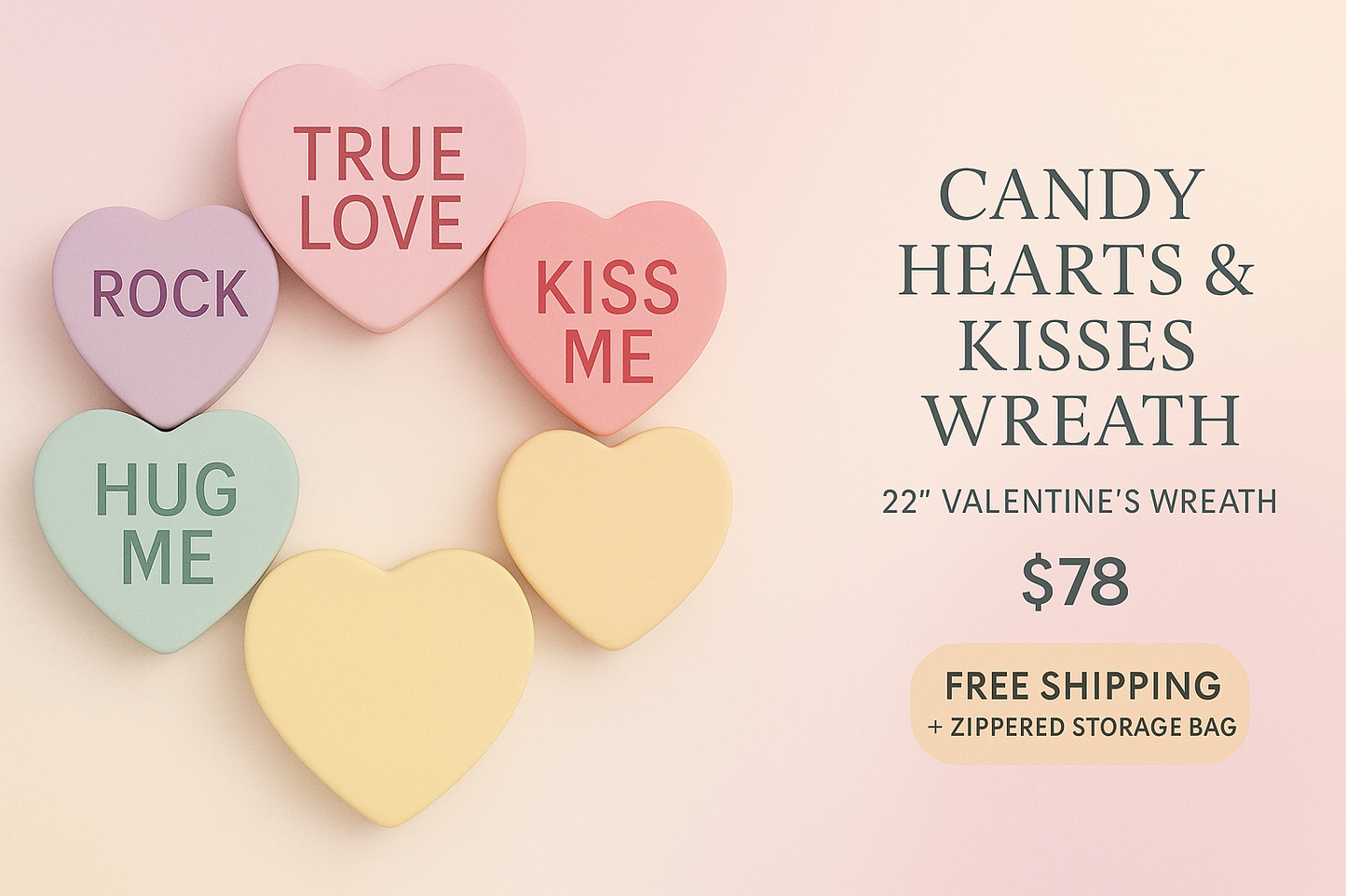 Candy Hearts & Kisses Wreath – 22” Valentine’s Mesh Delight