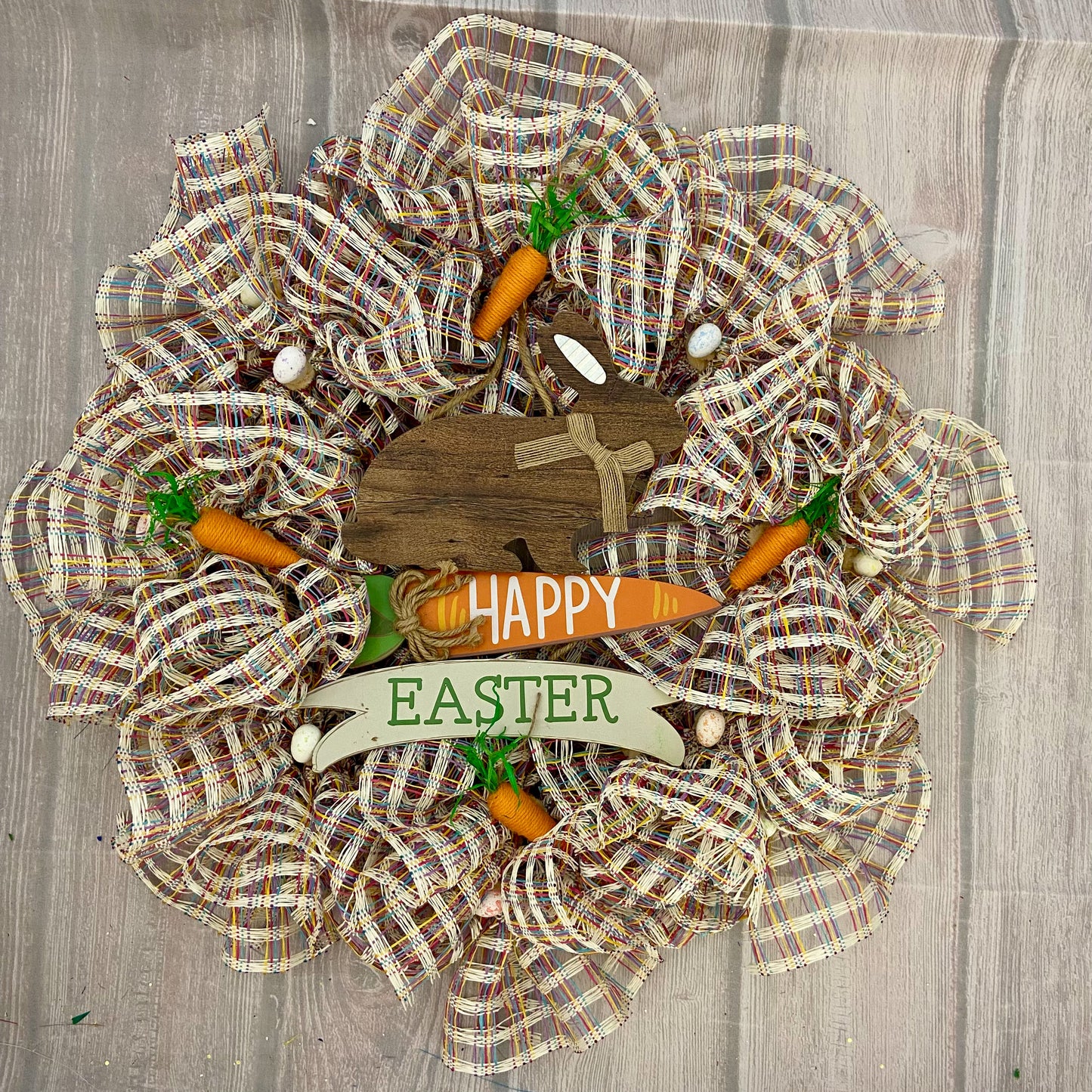 Rustic Bunny Patch Wreath – 29” Easter Plaid & Carrot Charm