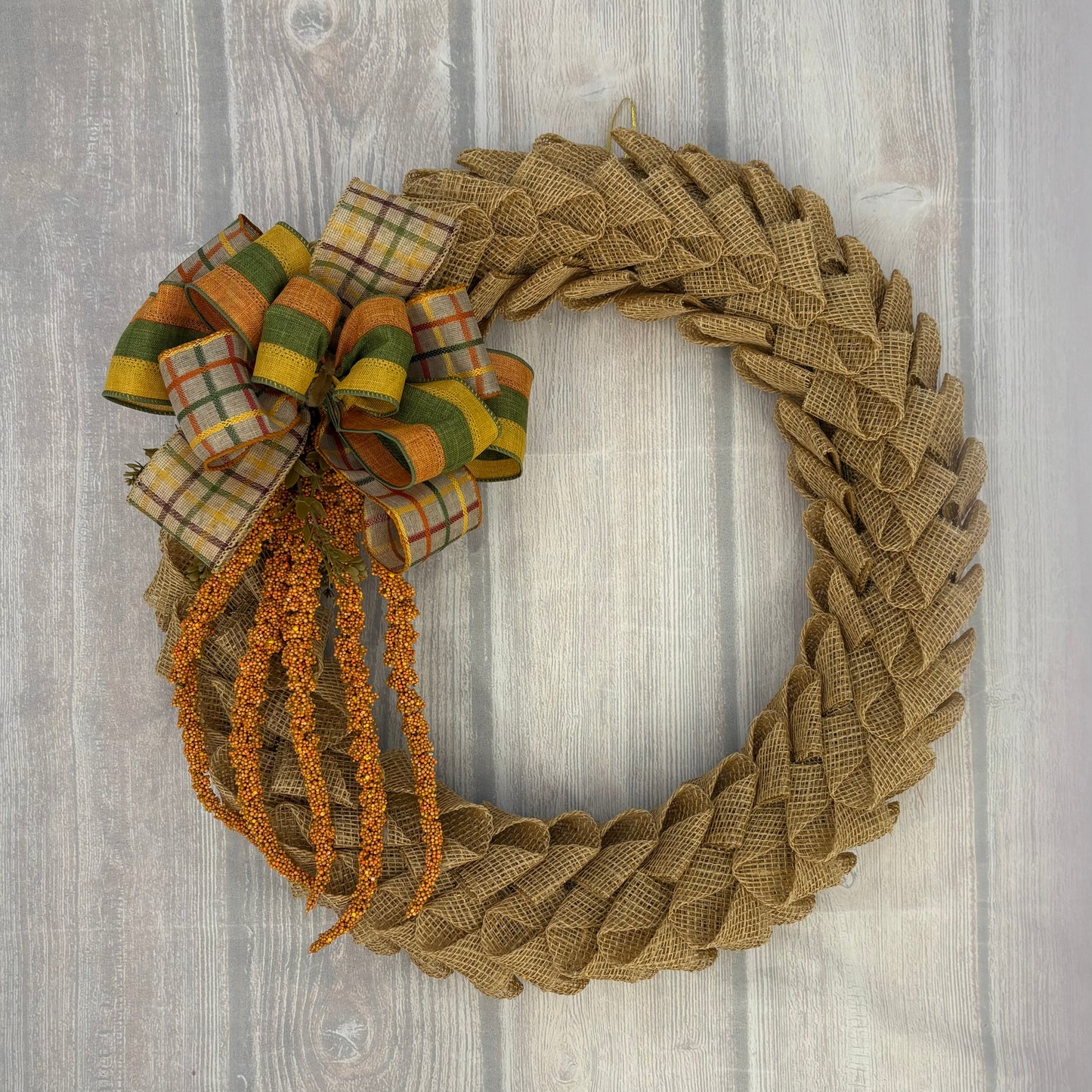 Harvest Braid – Burlap Fall Wreath with Plaid Bow (22”)