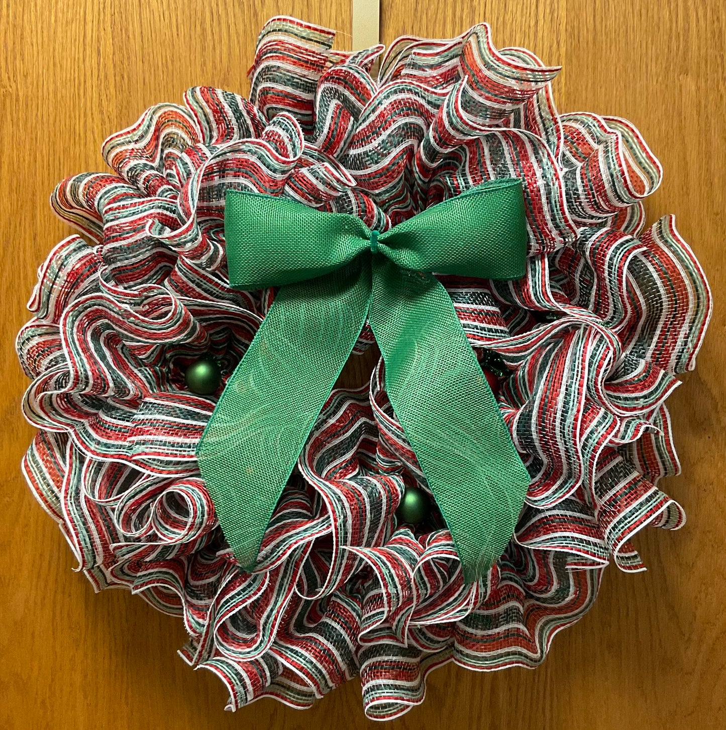 Peppermint Twist Holiday Wreath – 23” Christmas Mesh Wreath with Green Bow