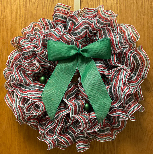 Peppermint Twist Holiday Wreath – 23” Christmas Mesh Wreath with Green Bow