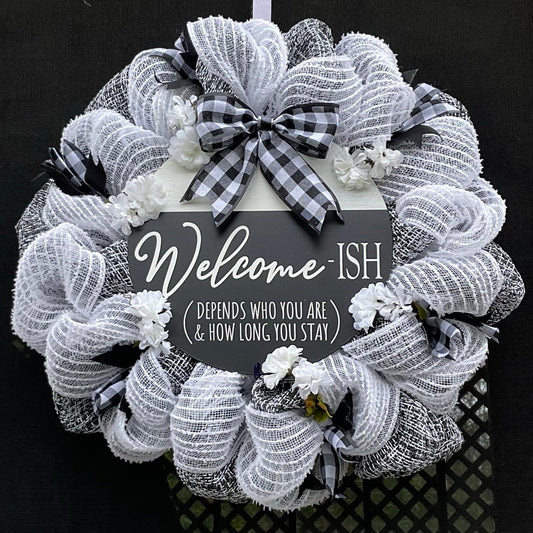 Welcome-ish Wreath – 24” Everyday Black & White Charm