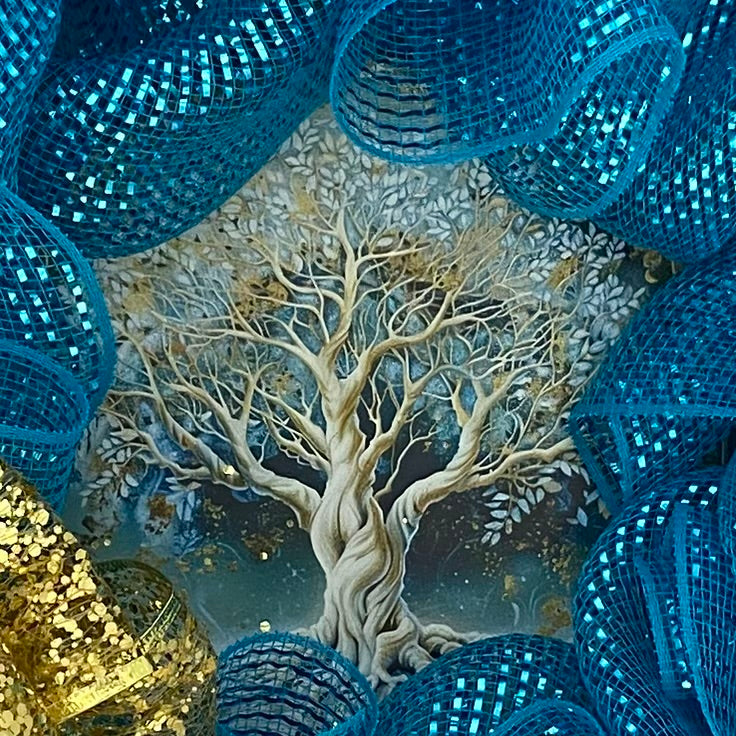 Tree of Life Summer Wreath – 29” Teal & Gold Mesh Wreath