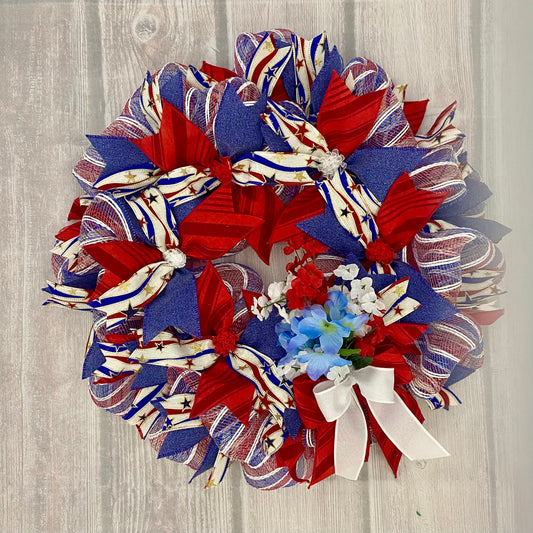 Stars & Blooms Wreath – 24” Patriotic Red, White & Blue Décor