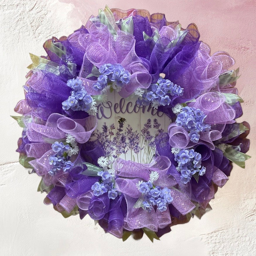 Lavender Meadow Welcome Wreath – 25” Spring & Summer Floral Mesh