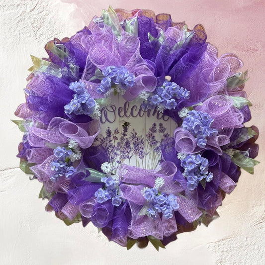 Lavender Meadow Welcome Wreath – 25” Spring & Summer Floral Mesh