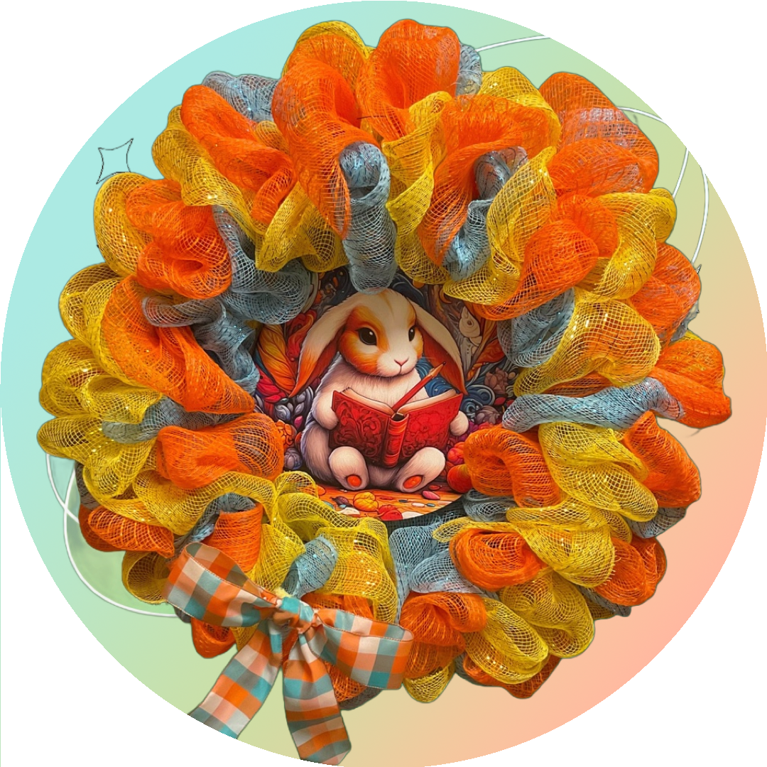 Storytime Bunny Wreath – 20” Spring Mesh Whimsy