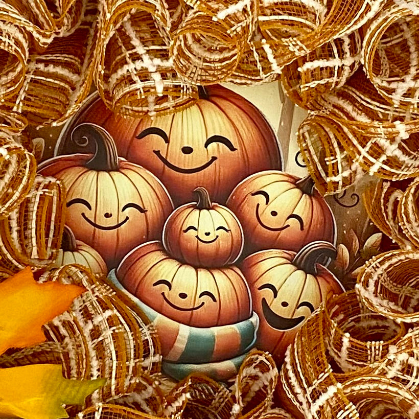 Harvest Smiles Wreath – 24” Fall Mesh Wreath with Plaid Ribbon & Pumpkin Sign (Free Shipping + Storage Bag)