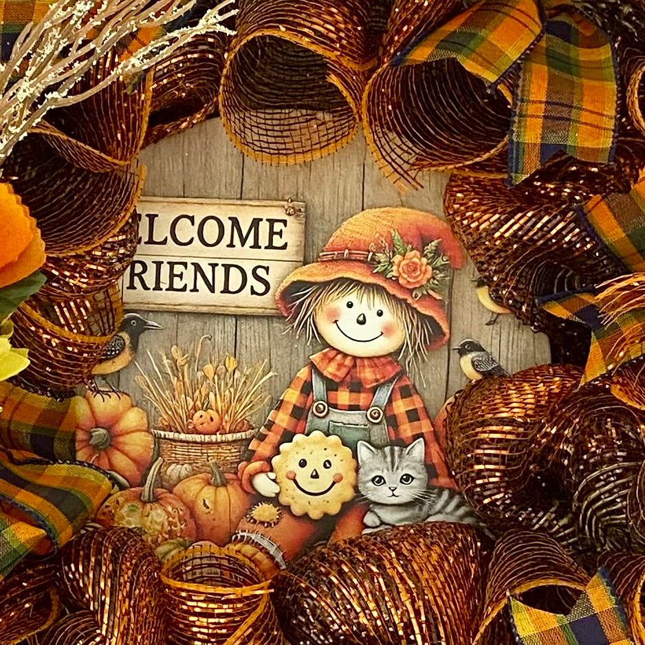 Welcome Friends Wreath – 26” Fall Mesh Door Decor with Scarecrow Sign & Free Shipping