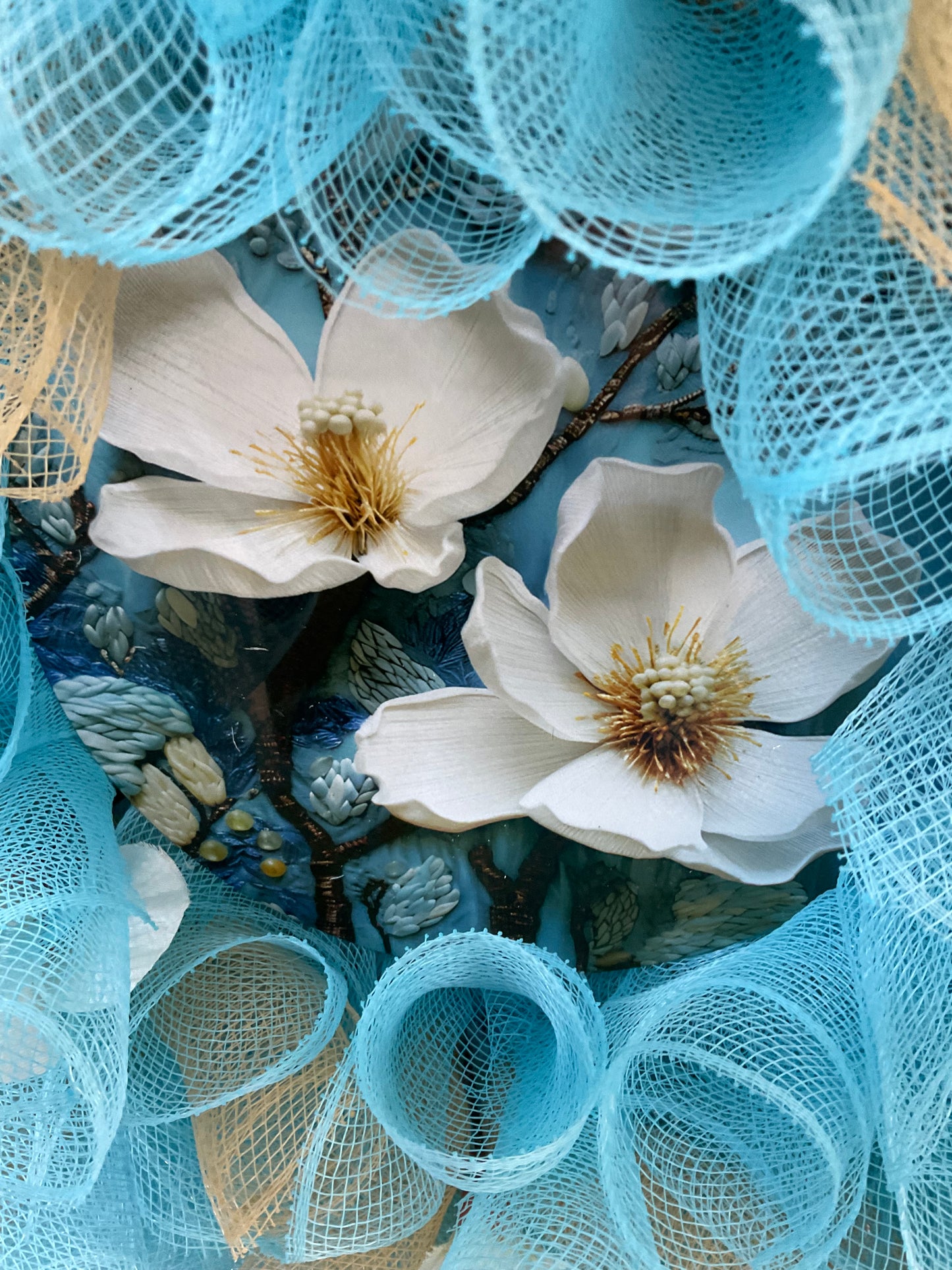 Sky Petals Summer Wreath – 25” Soft Blue & Gold Mesh with Florals