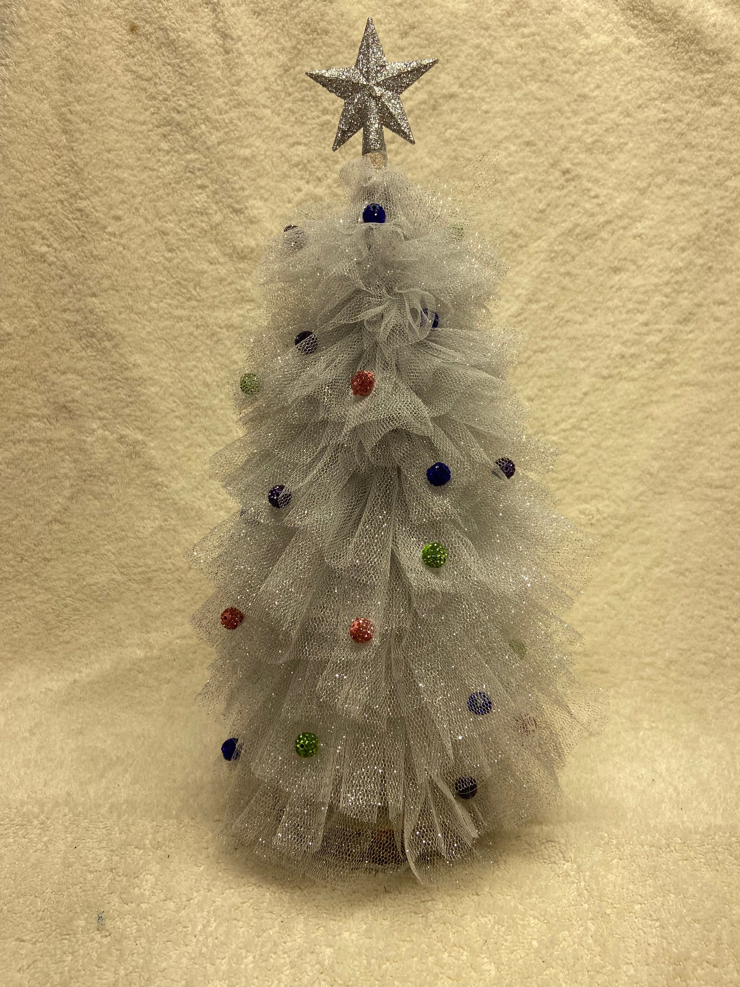 Sugar Sleigh Sparkle – 15” Silver Tulle Whimsy Tree with Star & Baubles