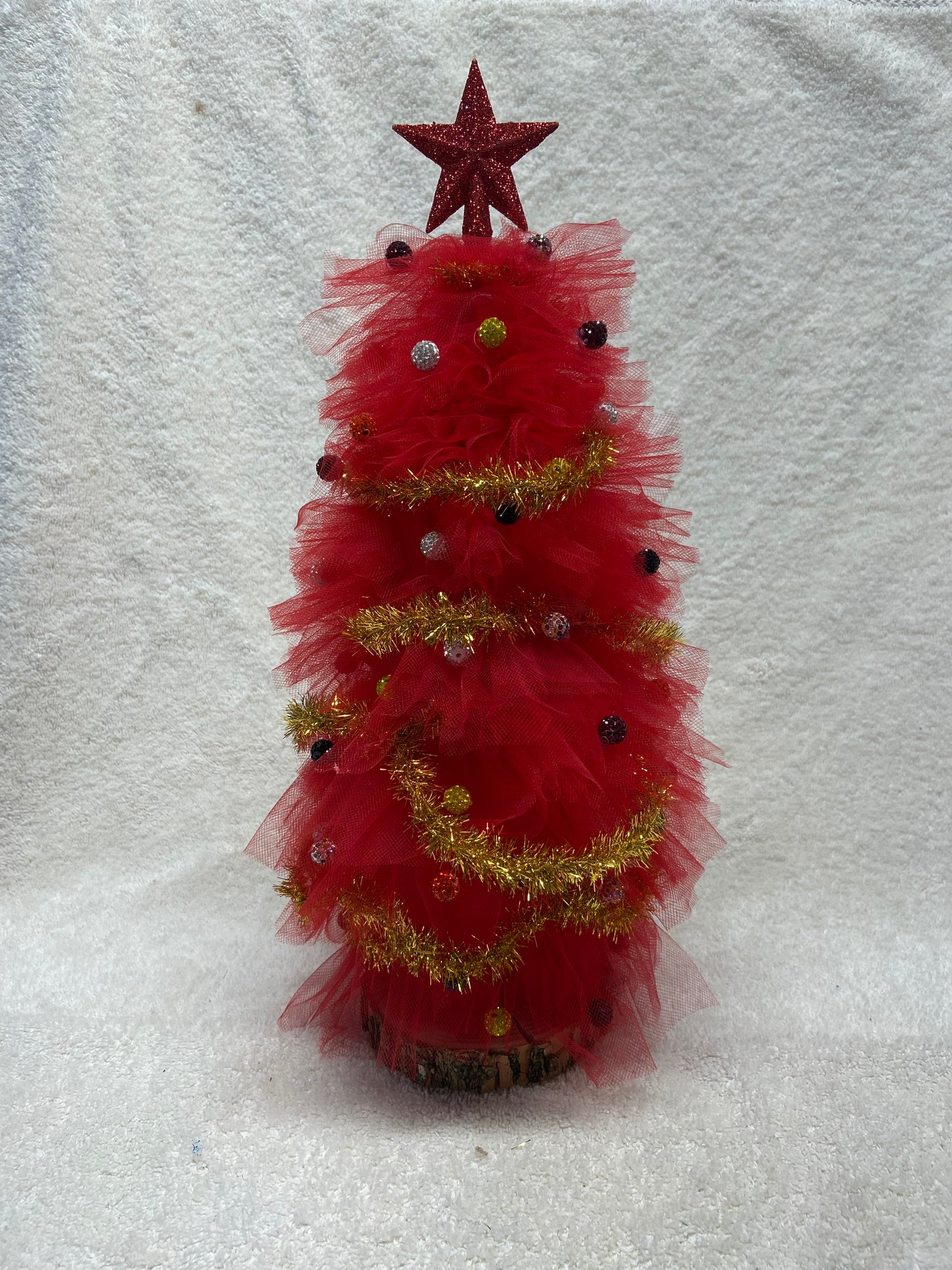Cherry Jubilee – 15” Red Tulle Whimsy Tree with Gold Garland & Sparkle Baubles