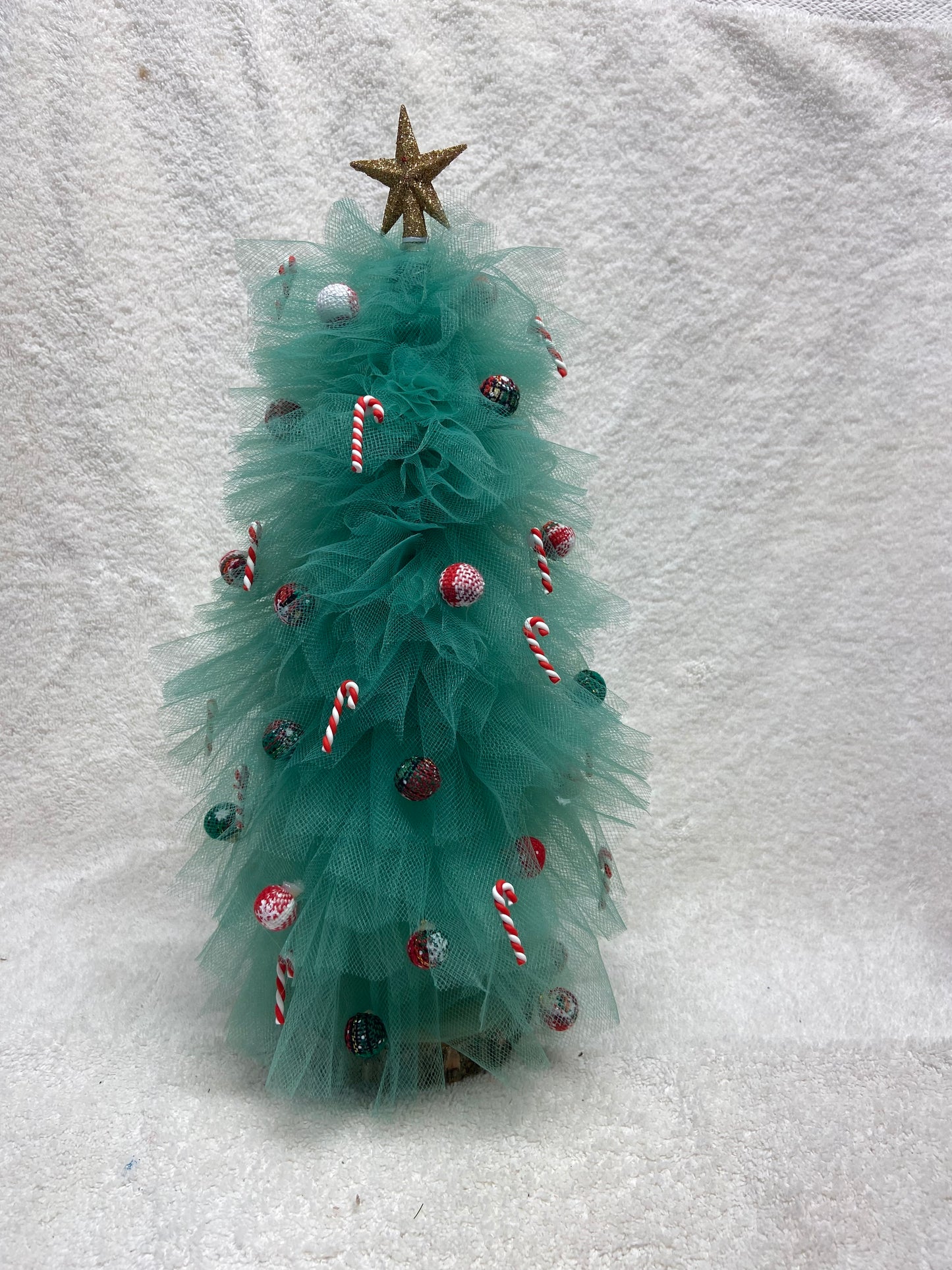 Merry Mint Delight – 15” Green Tulle Whimsy Tree with Candy Cane Ornaments