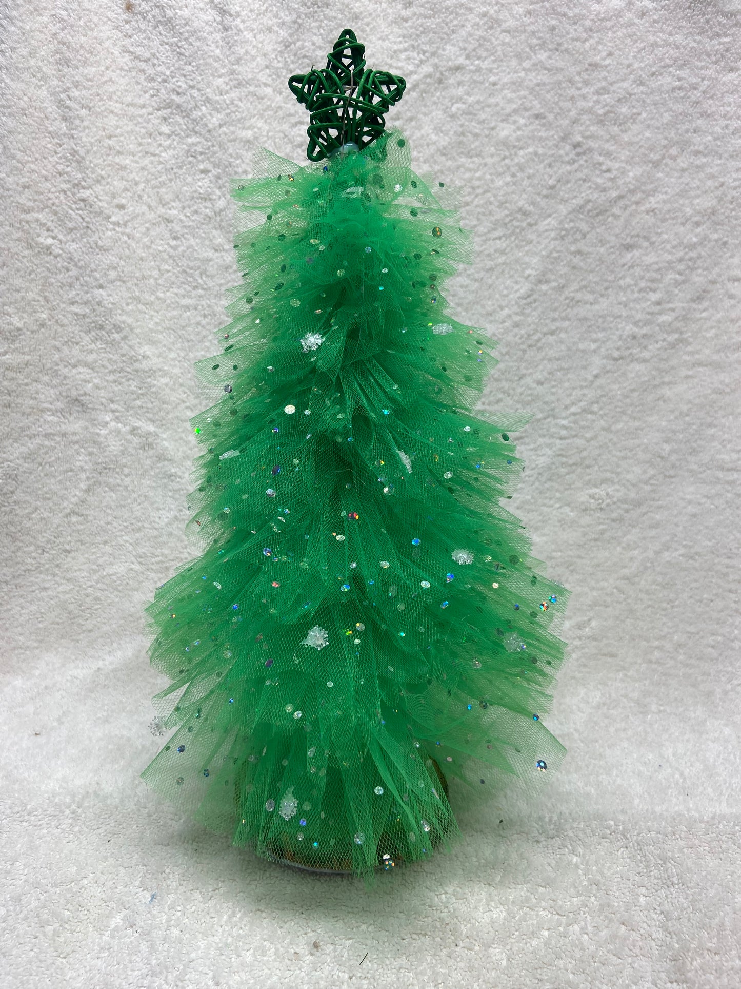 Twinkle Evergreen – 15” Green Tulle Whimsy Tree with Sequins & Star Topper