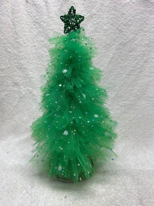 Twinkle Evergreen – 15” Green Tulle Whimsy Tree with Sequins & Star Topper
