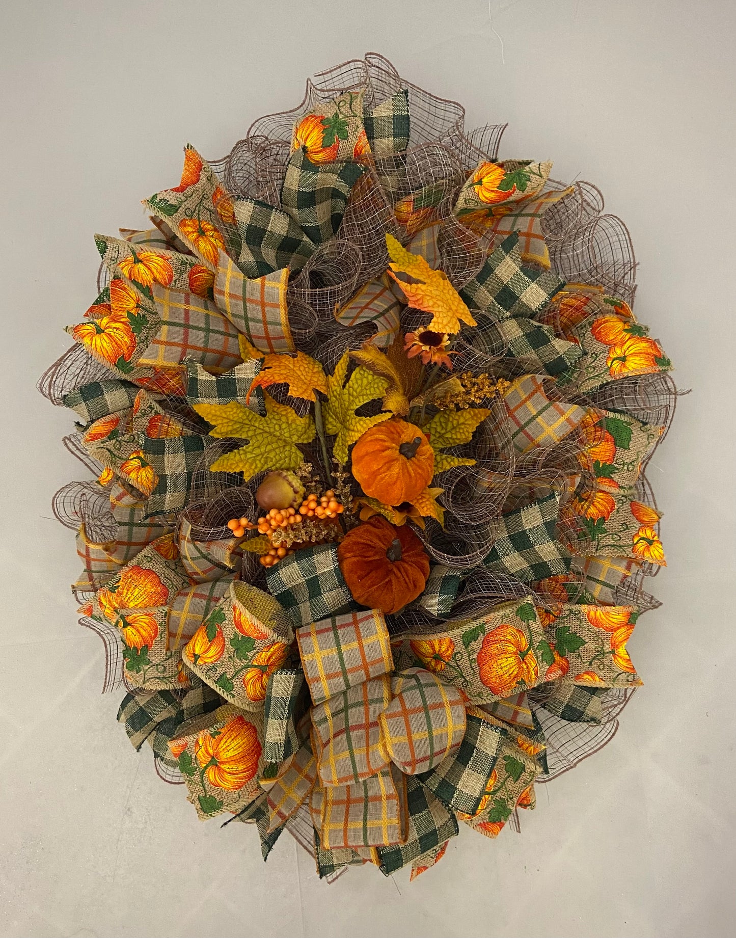 Harvest Favorite Wreath – 26” Oval Fall Wreath with Pumpkins & Plaid Ribbons