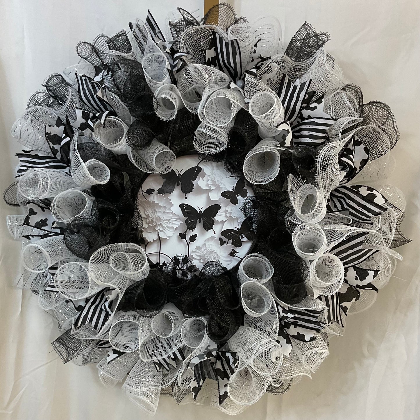 Monochrome Garden Wreath – 25” Black & White Butterfly Design