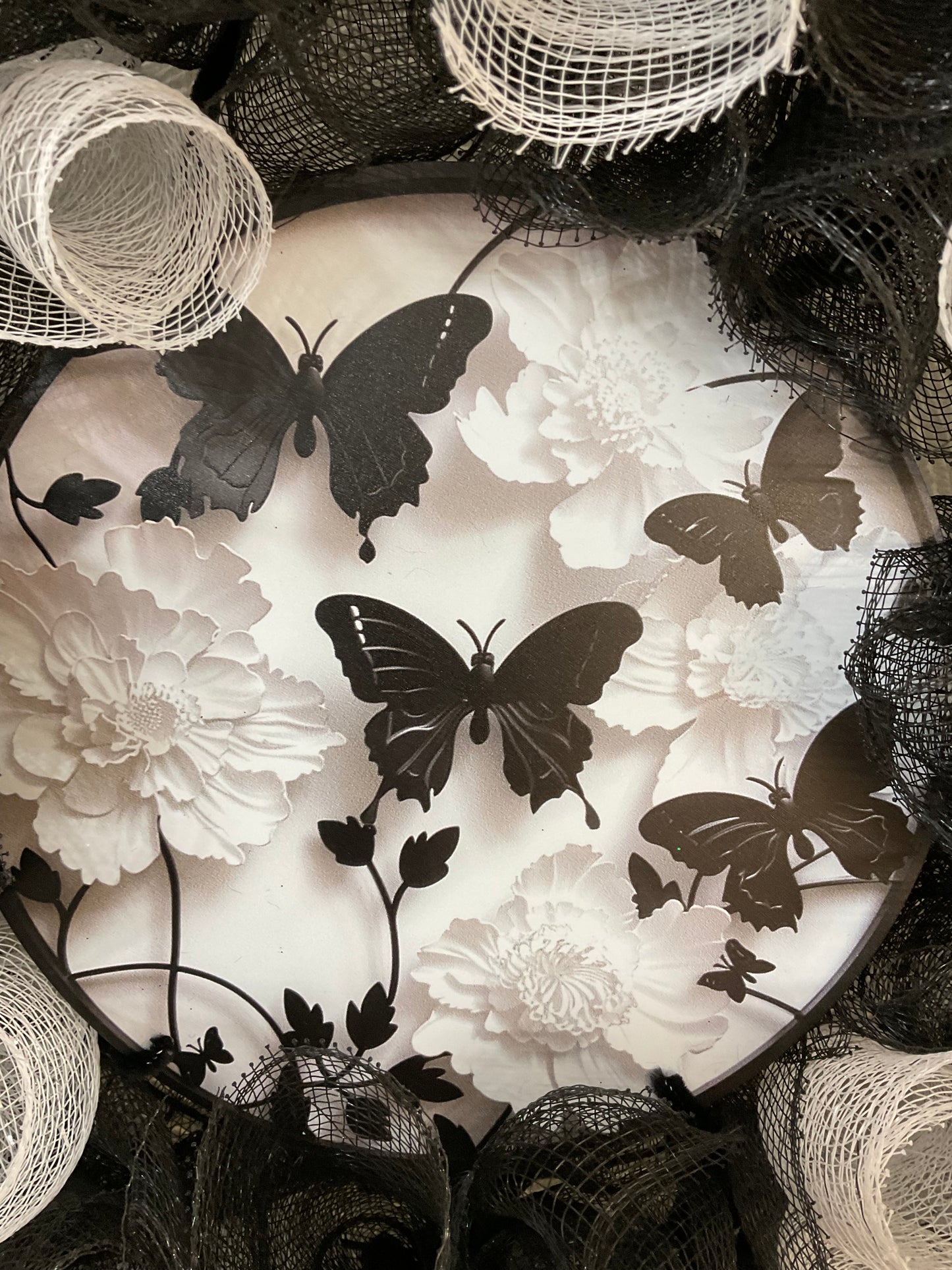 Monochrome Garden Wreath – 25” Black & White Butterfly Design