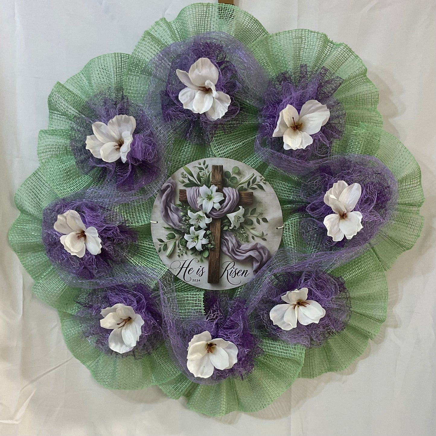 He Is Risen Wreath – 26” Easter Mesh with Cross & Florals