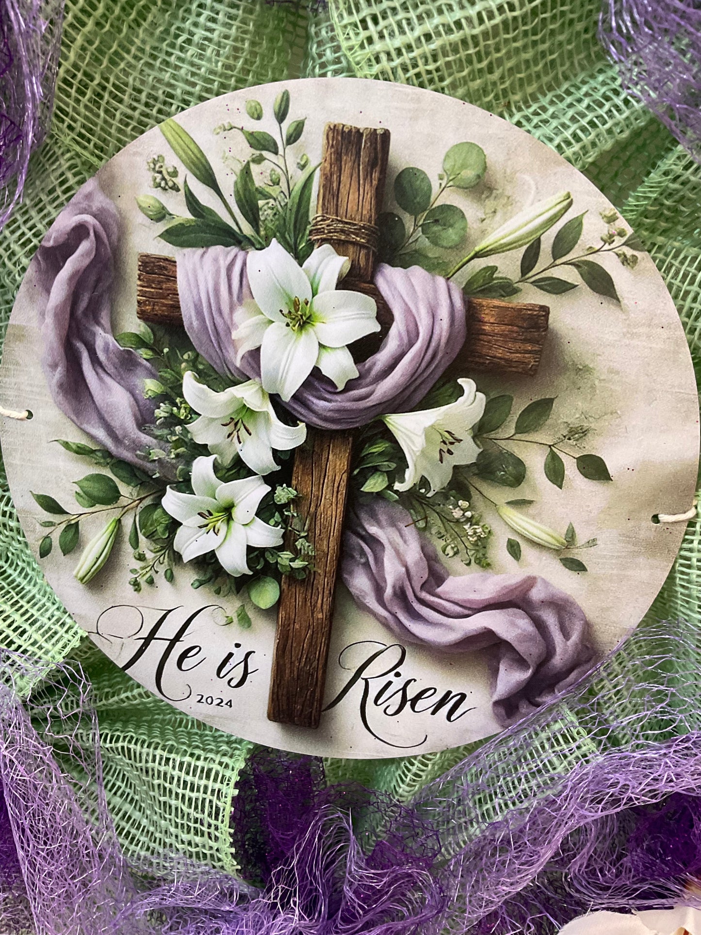 He Is Risen Wreath – 26” Easter Mesh with Cross & Florals