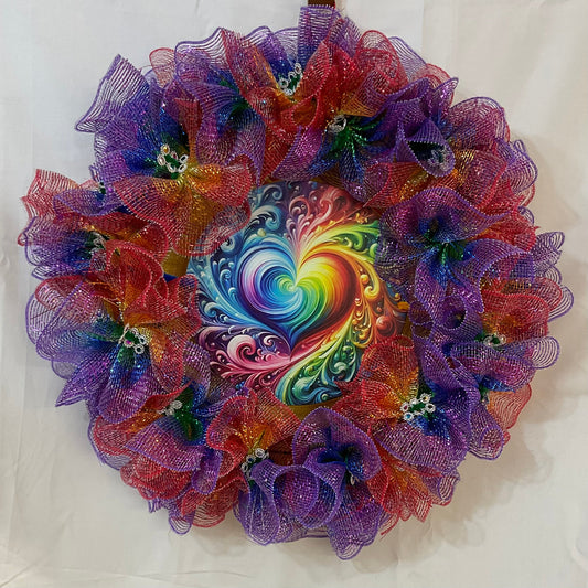 Radiant Swirl Pride Wreath with Rainbow Heart Center