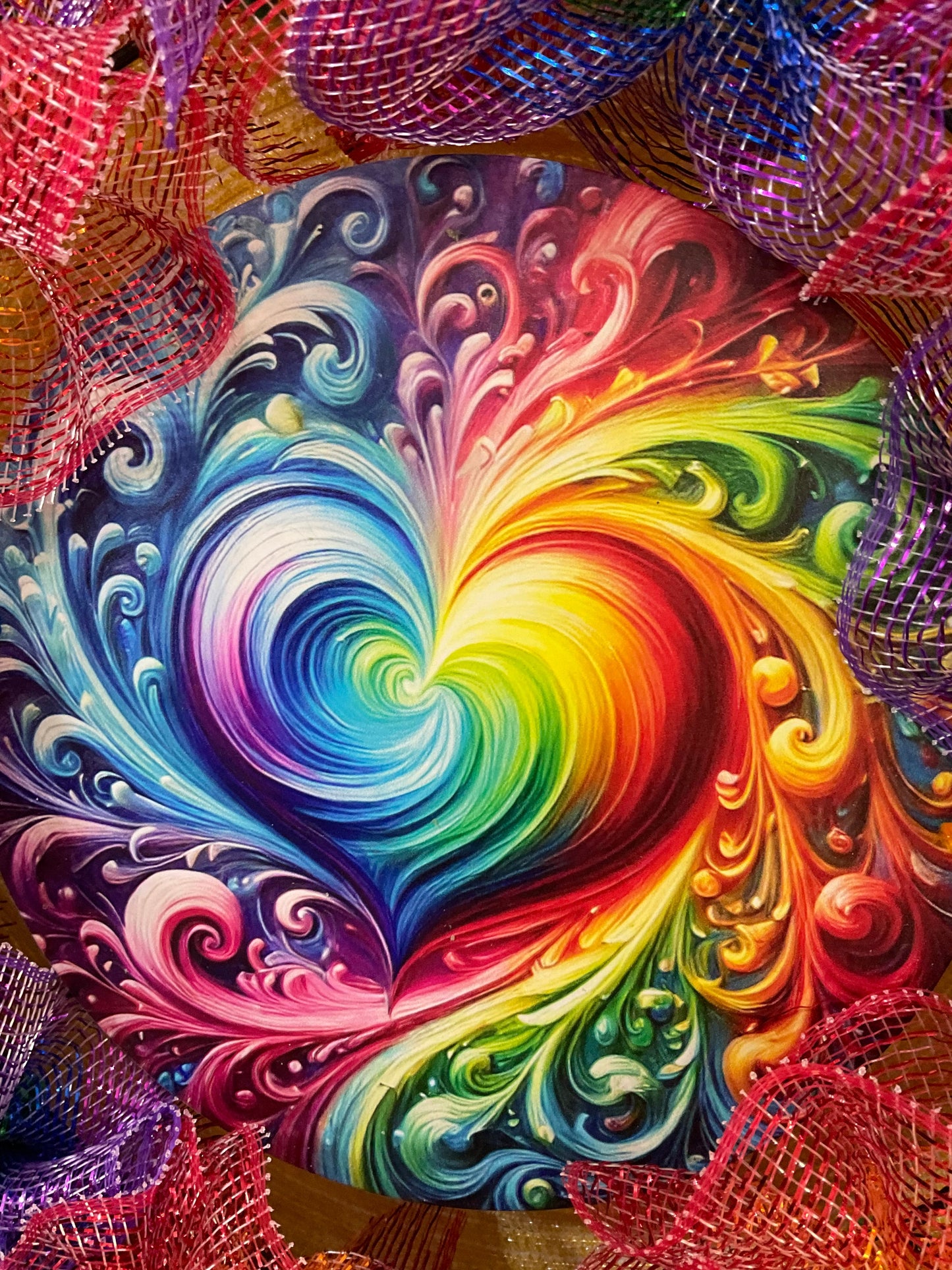 Radiant Swirl Pride Wreath with Rainbow Heart Center