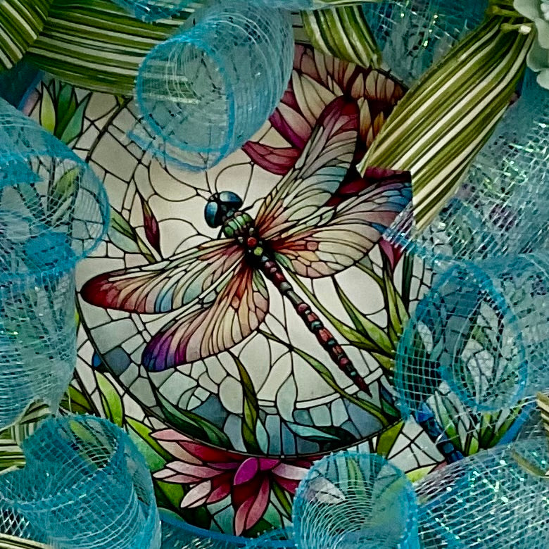 Blue Breeze Dragonfly Wreath – 25” Summer Mesh Door Décor