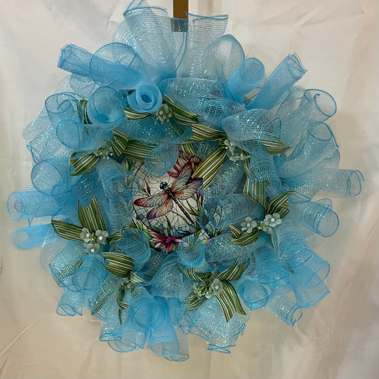 Blue Breeze Dragonfly Wreath – 25” Summer Mesh Door Décor
