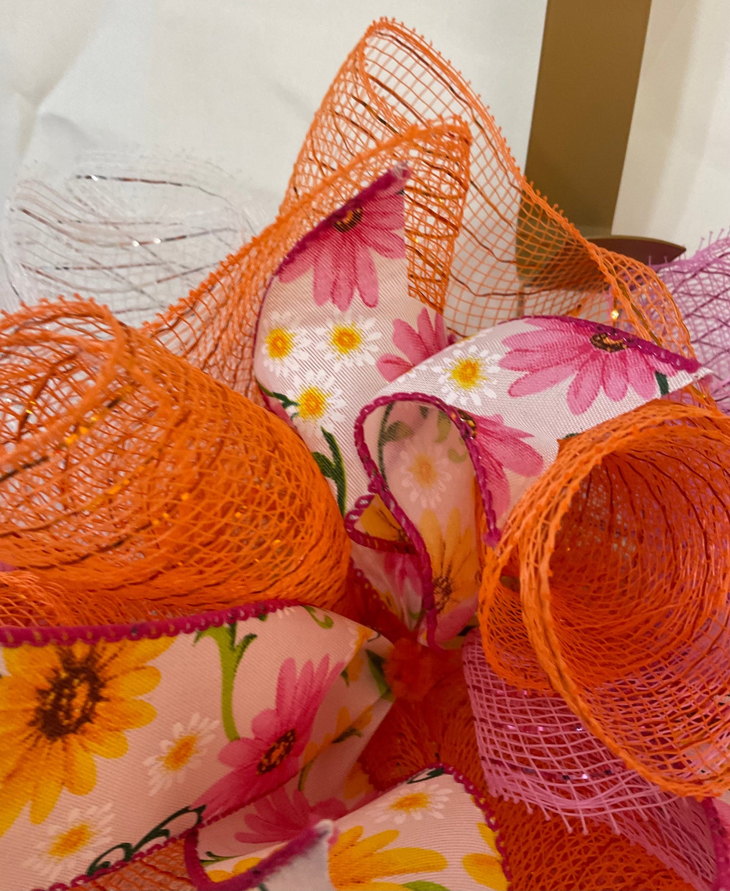 Butterfly Bliss Wreath – Pink, Orange & White Mesh with Floral & Butterfly Accents