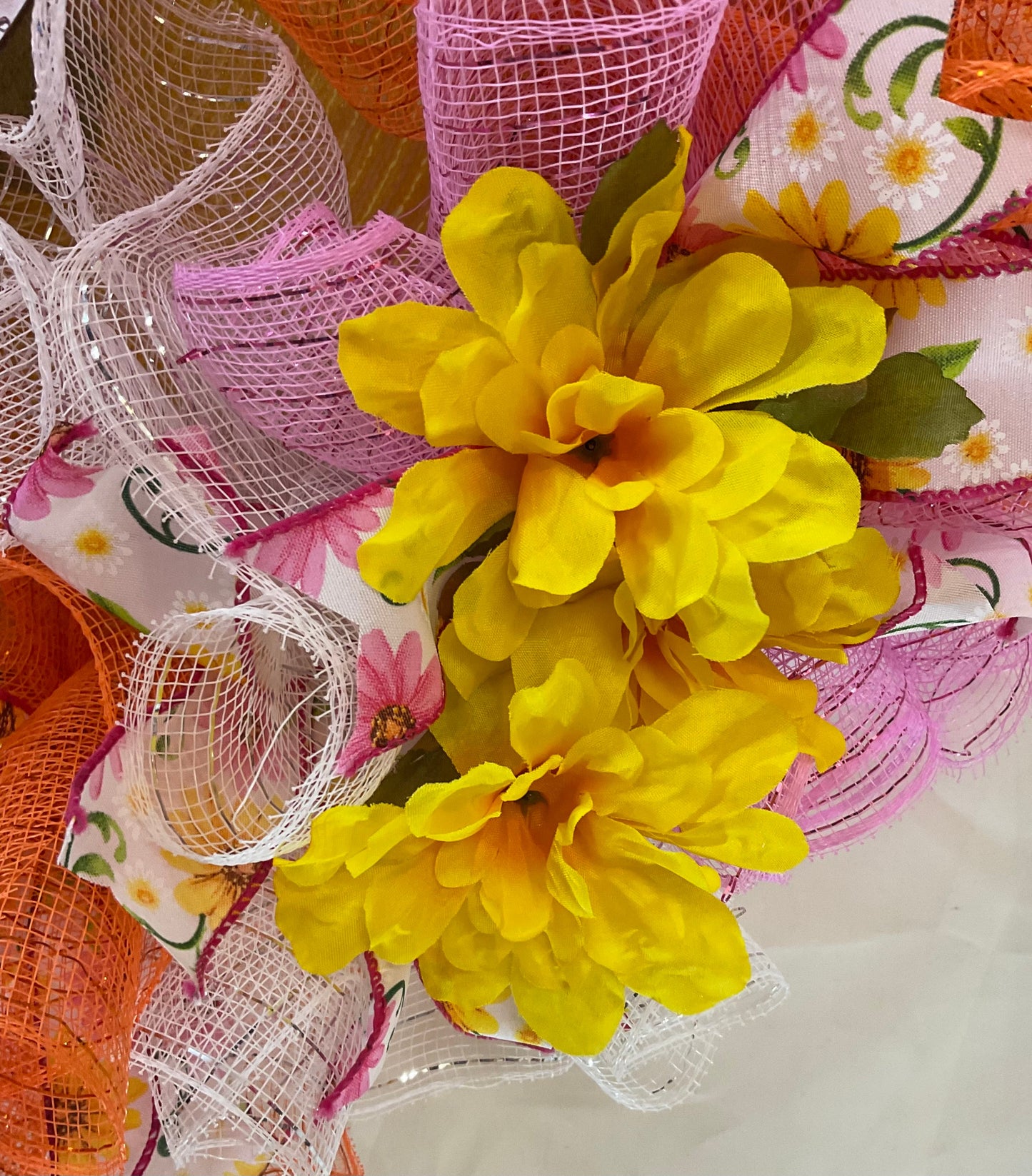 Butterfly Bliss Wreath – Pink, Orange & White Mesh with Floral & Butterfly Accents