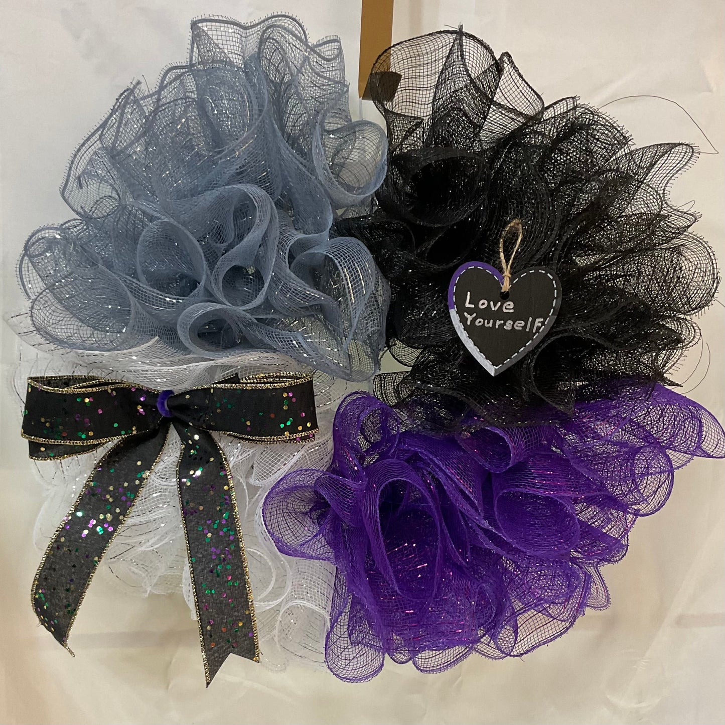 Asexual Pride Wreath – “Love Yourself” Handmade Deco Mesh Wall Decor