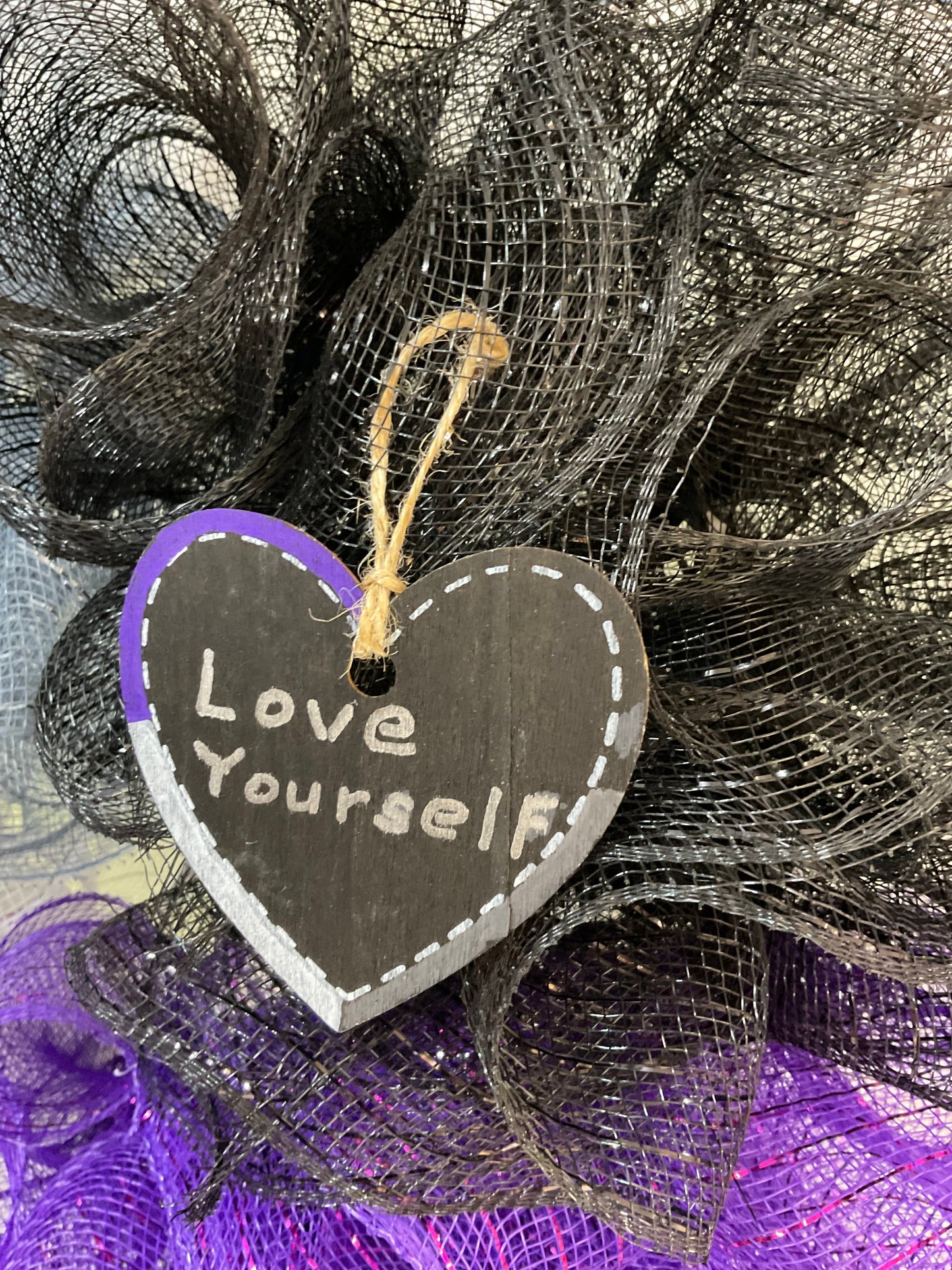 Asexual Pride Wreath – “Love Yourself” Handmade Deco Mesh Wall Decor