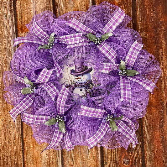 Purple Frost Snowman Wreath – 24” Winter Elegance