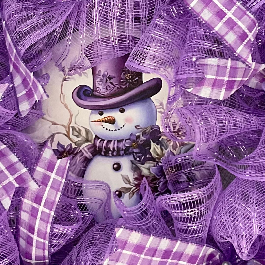 Purple Frost Snowman Wreath – 24” Winter Elegance
