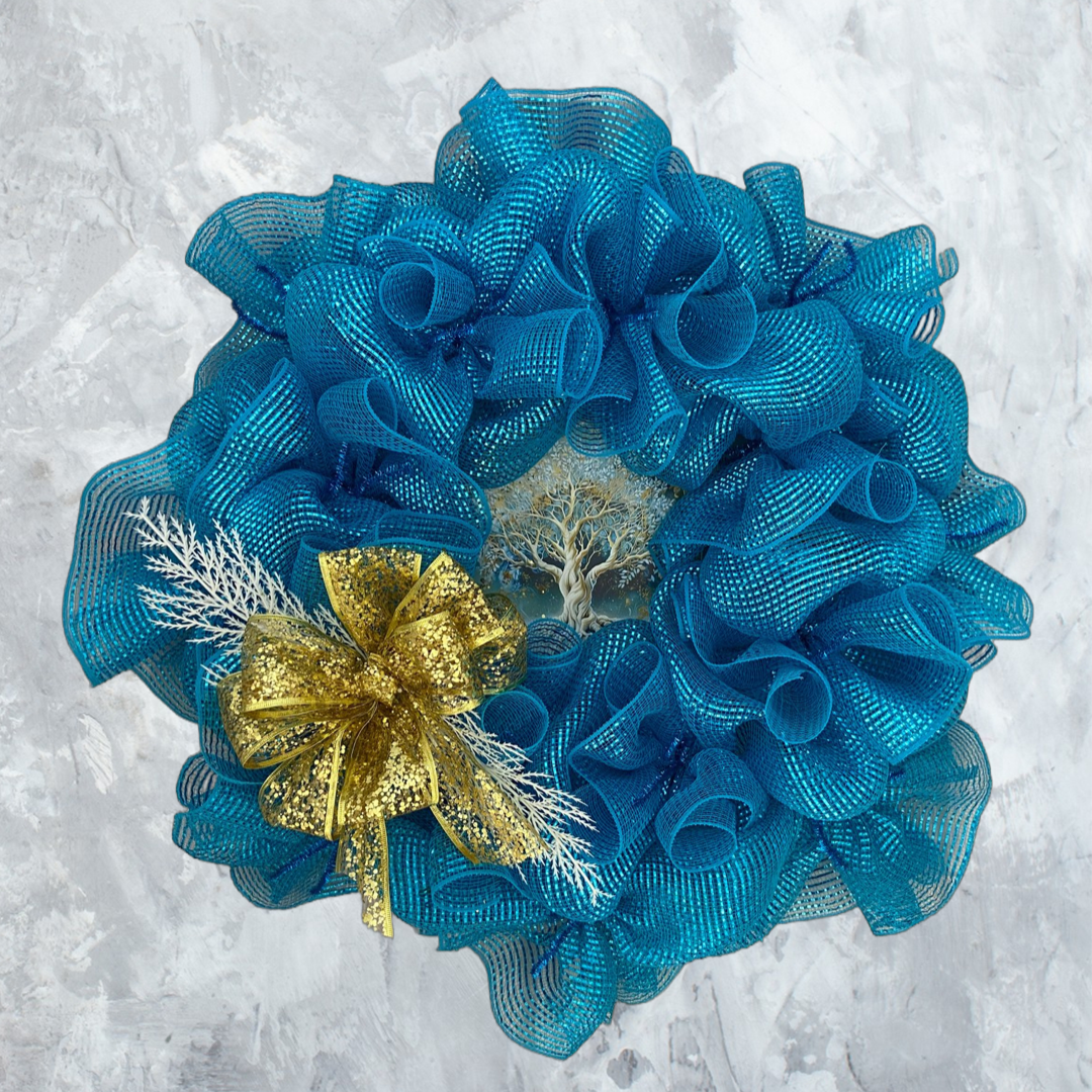 Tree of Life Summer Wreath – 29” Teal & Gold Mesh Wreath