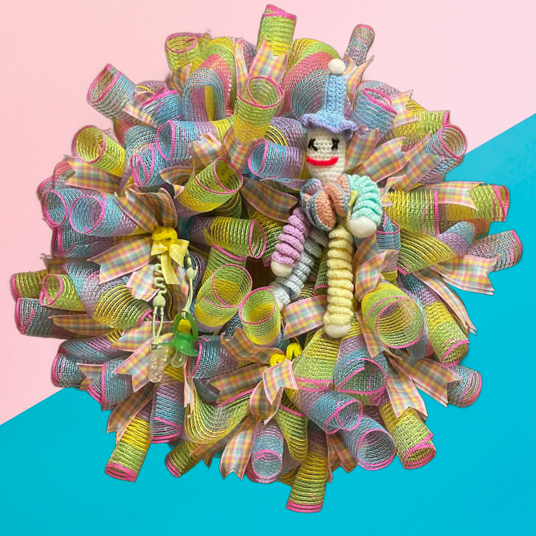 Giggles & Gingham – Whimsical Baby Shower Wreath with Clown Accent