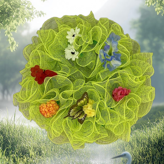 Spring Whirl Wreathlet – 14” Mesh Wreath with Blooms & Butterfly