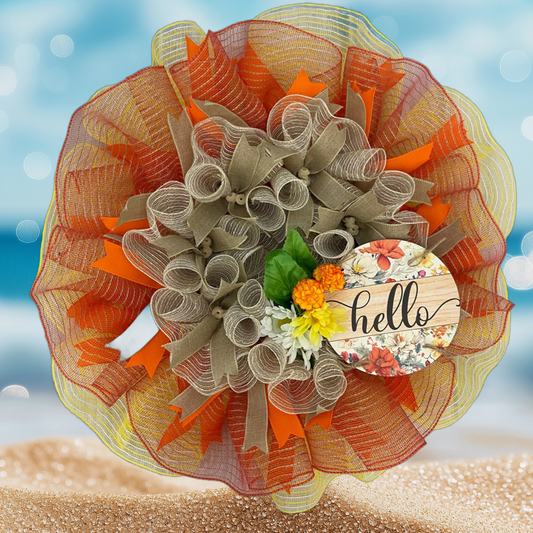 “Hello Summer” Wreath – 31” Mesh & Burlap Front Door Delight