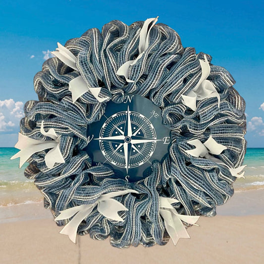Coastal Compass Wreath – 21” Nautical Navy & White Door Décor