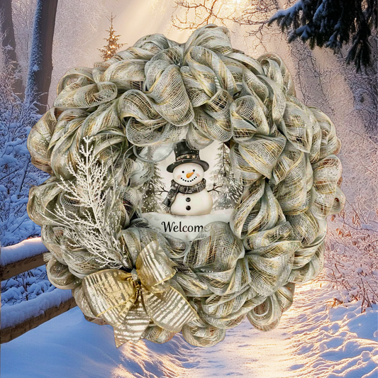 Frosted Welcome Snowman Wreath – 24” Winter Charm