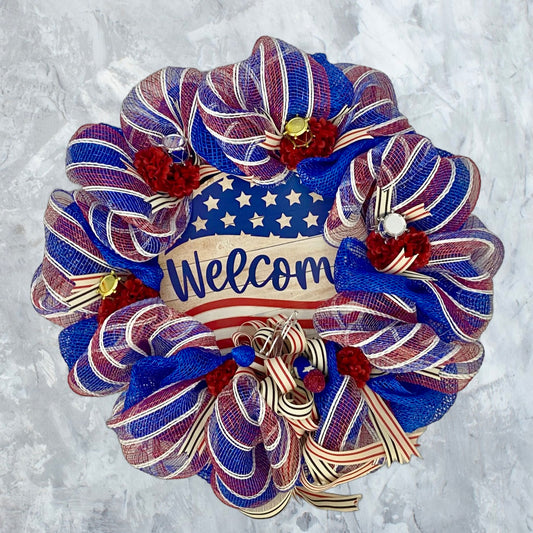 Stars & Stripes Welcome Wreath – 24” Patriotic Mesh Decor