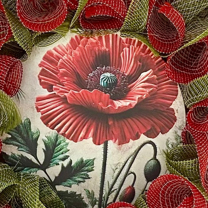 Red Poppy 24” Summer Deco Mesh Wreath with Green Accents