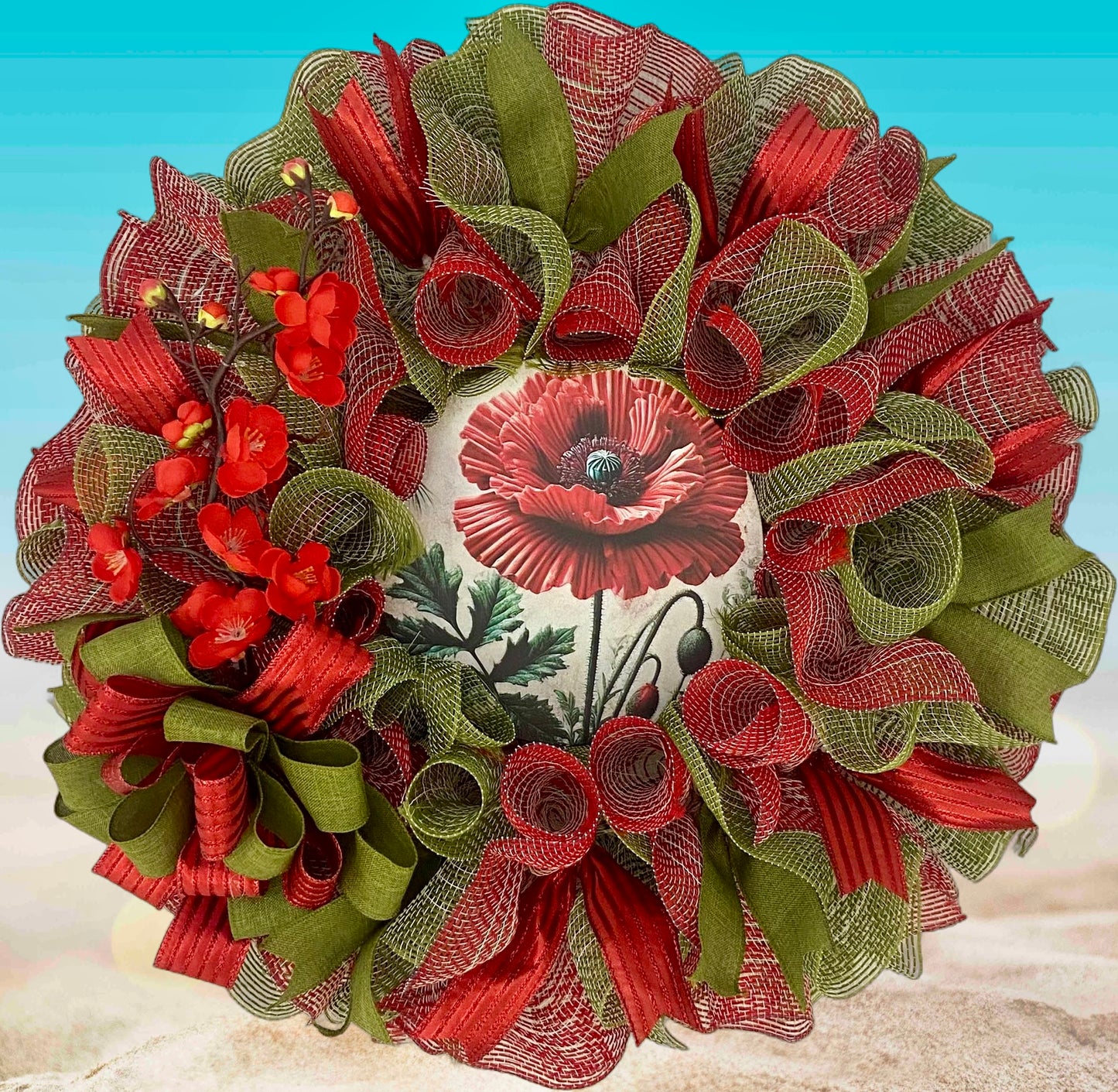 Red Poppy 24” Summer Deco Mesh Wreath with Green Accents
