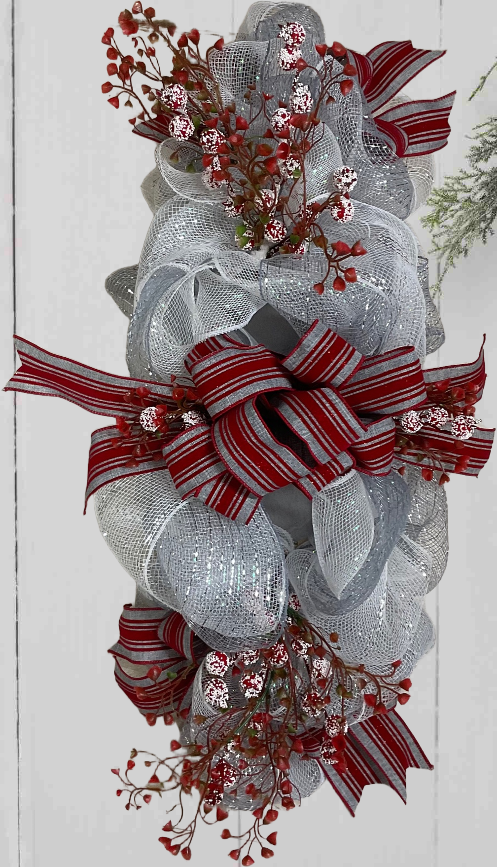 Frosted Cranberry Elegance Swag – 26” Silver Mesh & Red Ribbon Holiday Centerpiece or Door Wreath