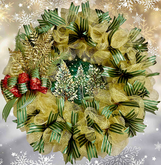 Enchanted Evergreen Glow Wreath – 28” Gold Mesh & Green Ribbon Winter Door Wreath