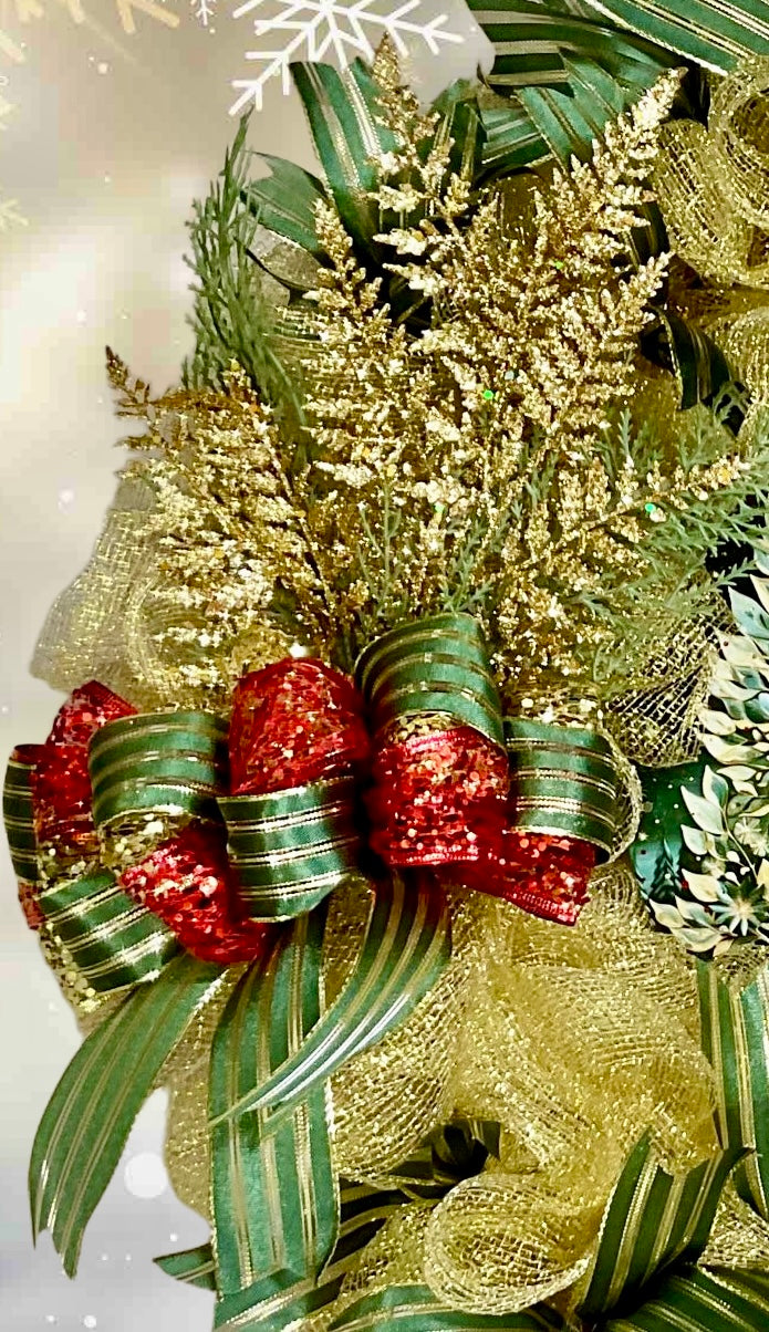 Enchanted Evergreen Glow Wreath – 28” Gold Mesh & Green Ribbon Winter Door Wreath