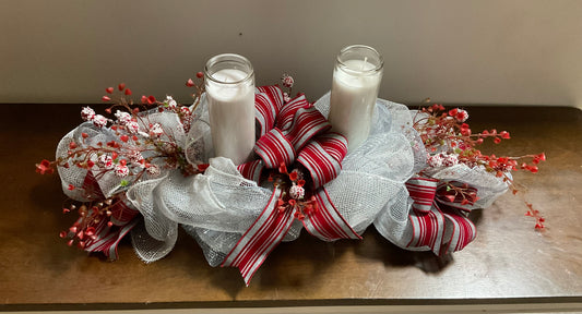 Frosted Cranberry Elegance Swag – 26” Silver Mesh & Red Ribbon Holiday Centerpiece or Door Wreath